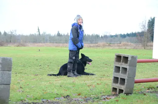 Handler and black German Shepherd practicing a controlled position at the 2012 Cascade Schutzhund trial — photo 02