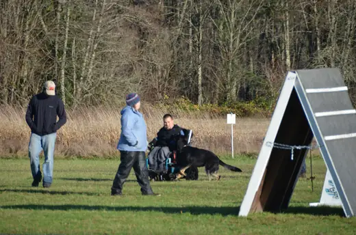 Jason Lake working a black German Shepherd during obedience at the 2012 Cascade Schutzhund trial — photo 02