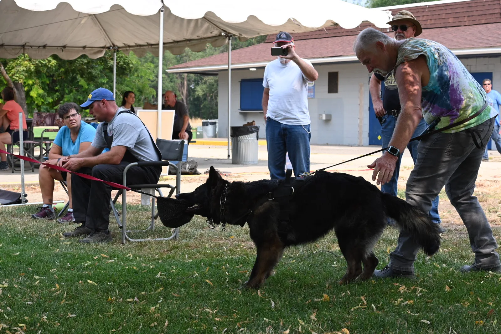 Chris Campbell Schutzhund Seminar 2021 — a black working dog showing focused bark-and-hold behavior at the blind