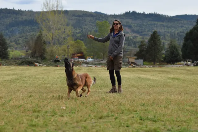 April 10, 2015 RVSC Club Training — a club member posing with a working dog